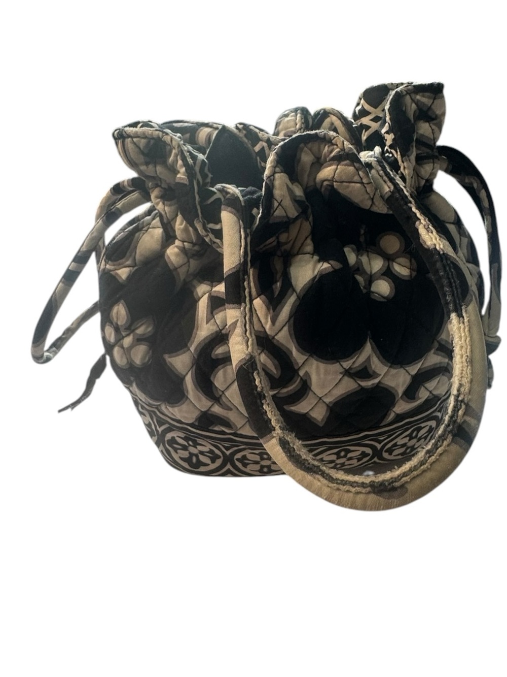 Vera Bradley Quilted Drawstring Handbag Tote Black Cream Floral Purse Retired - Picture 13 of 13